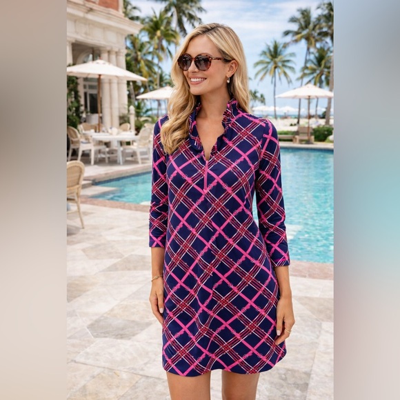 Elegant G Lifestyle Navy and PinkPlaid Zip up Shift Dress NWT SIZE LARGE